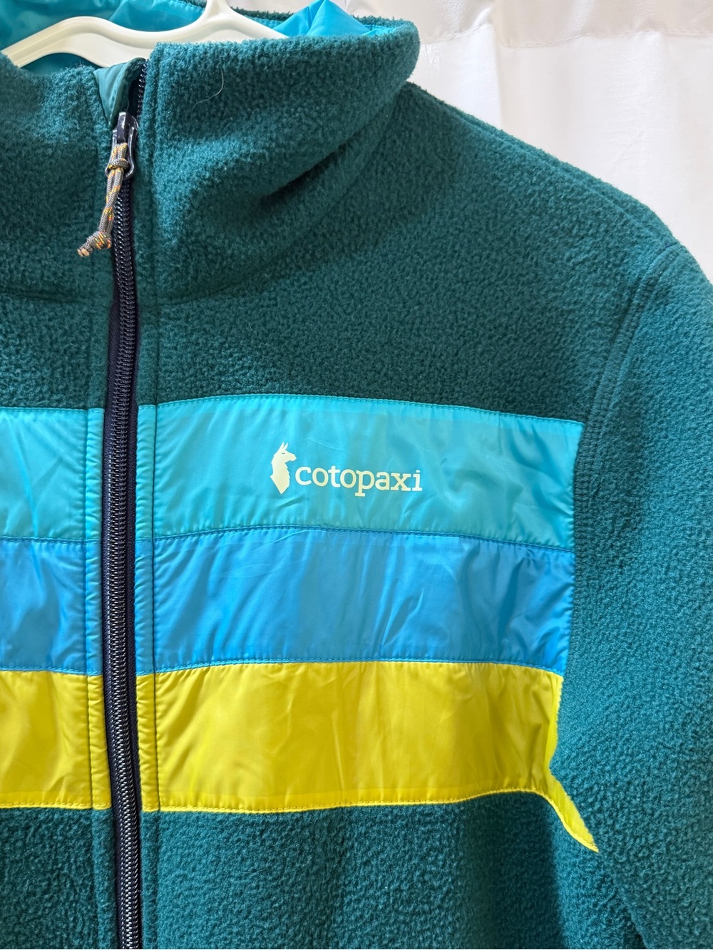 Cotopaxi Peacock Green Fleece Jacket with Aqua, Blue, Yellow Stripes, Size M - Picture 2 of 8